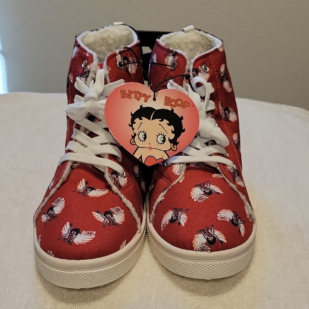 Betty Boop Red High-Top Sneakers, Fleece Lined, Angel Wings, NWT